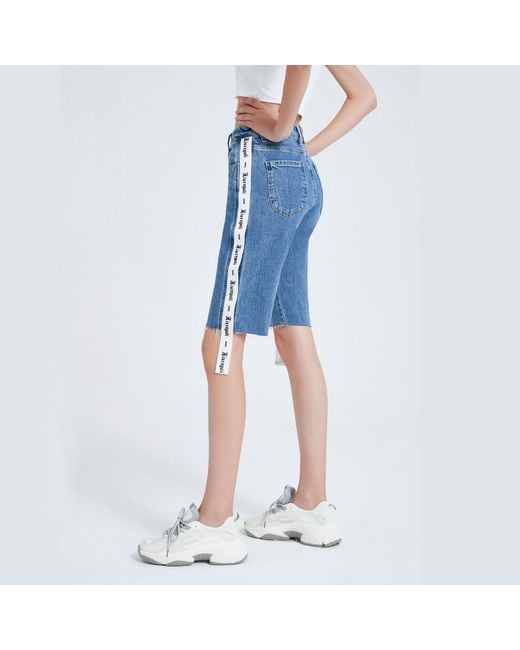 LIU REGALI Blue Long Ribbon Denim Shorts On The Side