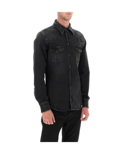 Dolce & Gabbana Black Distressed Denim Buttoned Shirt for men