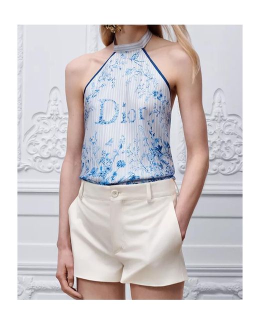 Dior Blue Iviera Toile De Jouy Floral Garden Silk Top