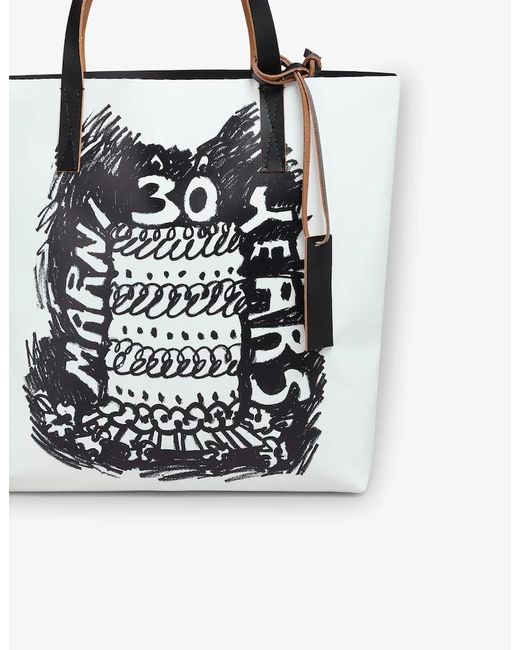 Marni White Two Tone Tribeca Tote With 30Th Anniversary Print