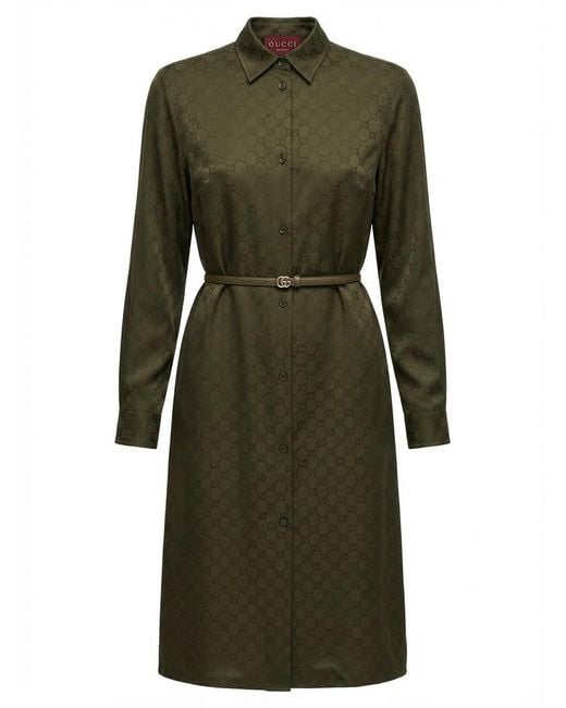 Gucci Green Monogrammed Long-Sleeve Shirt Dress