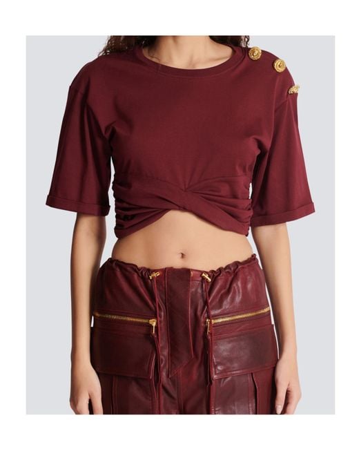 Balmain Red Cropped Tie T-Shirt