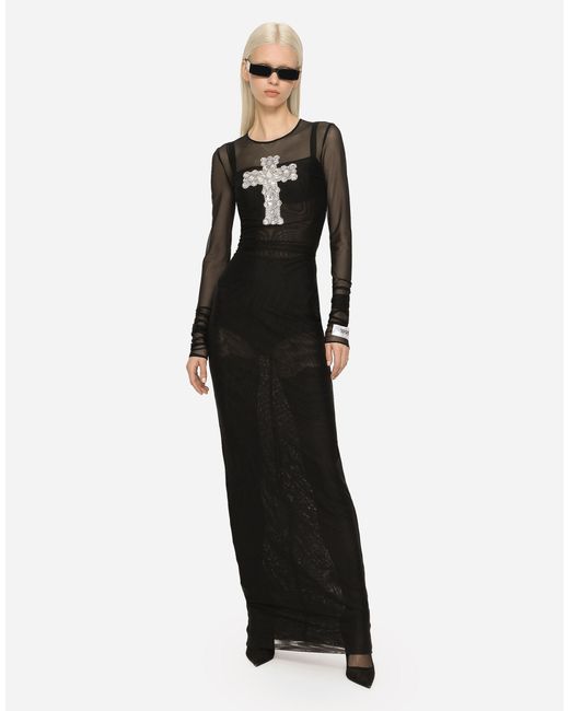 Dolce & Gabbana Black Cross-Embellished Tulle Long Dress