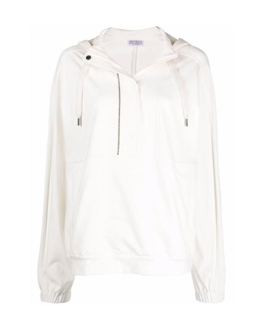 Brunello Cucinelli White Short-Zip Pullover Hoodie