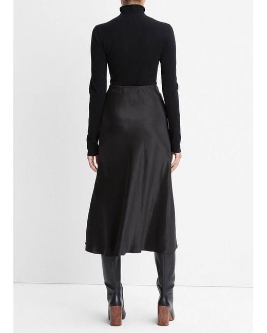 Vince Black Satin-Finish Draped Midi Skirt