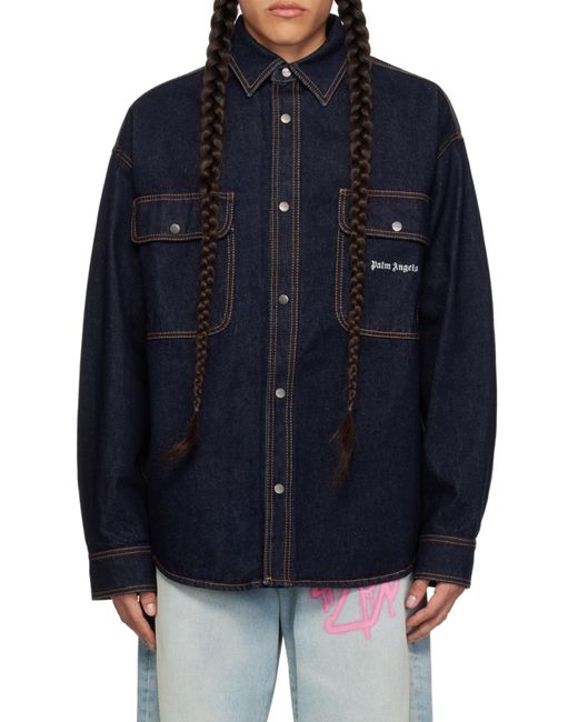 Palm Angels Blue Logo Embroidered Denim Shirt for men