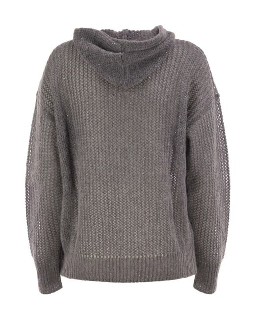 Peserico Gray Hooded Open-Knit Jumper With Sequins