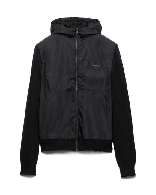 Prada Triangle Logo Zipped Hooded Jacket in Black for Men | Lyst