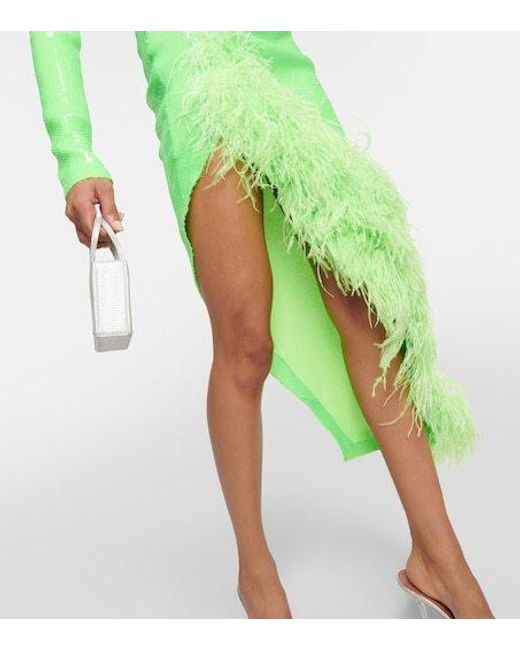 David Koma Green Sequined Feather-Trimmed Midi Dress