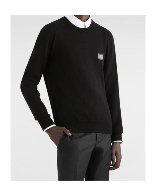 Dolce & Gabbana Black Wool Round-Neck Sweater With Branded Tag for men