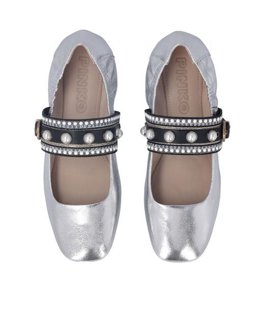 Pinko White Pearl-Embellished Buckle Ballet Flats
