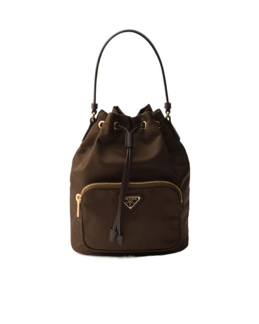 Prada Brown Re-Nylon Triangle-Logo Drawstring Bucket Bag
