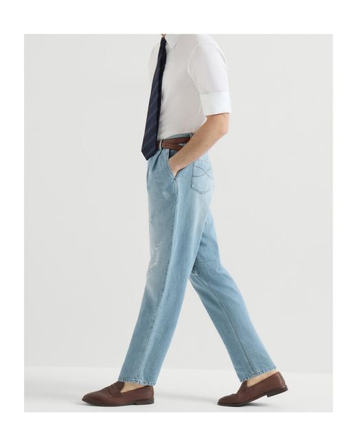 Brunello Cucinelli Blue Lightweight Denim Iconic Fit Five-Pocket Trousers With Double Pleats And Rips for men
