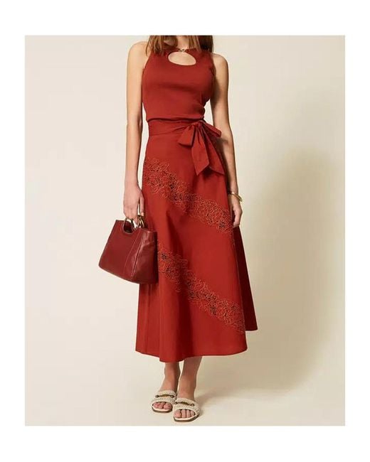 Twinset Red Long Poplin And Broderie Anglaise Skirt
