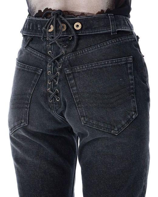 Jean Paul Gaultier Blue High-Waist Bonded Jeans With Embroidered Patches