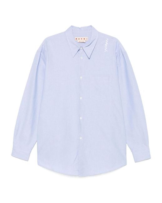 Marni White Logo Embroidered Oxford Shirt for men