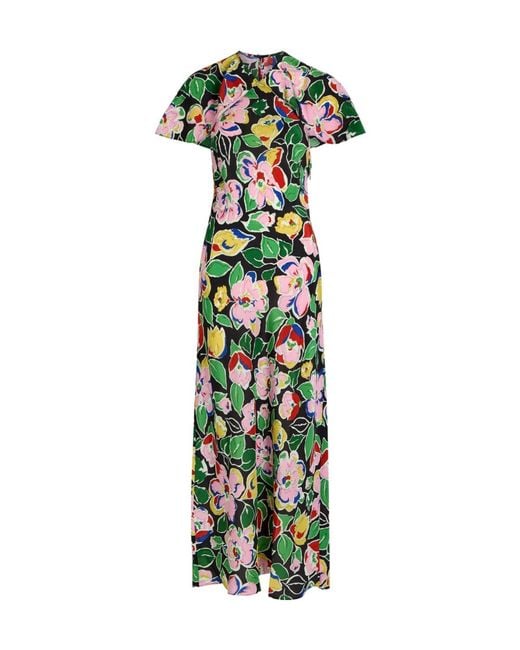 Rixo Green Aryella Floral Silk Midi Dress