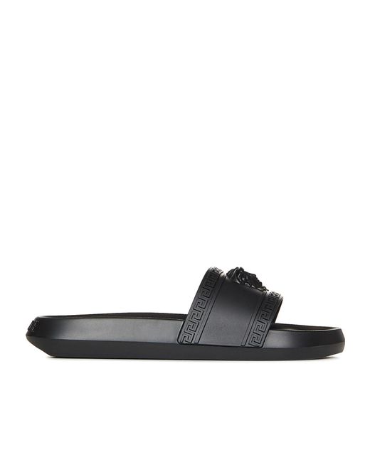 Versace Black Greca-Embossed Open-Toe Slippers for men