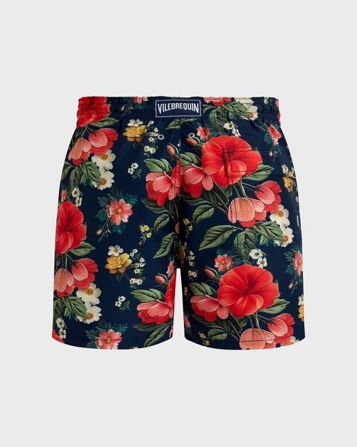 Vilebrequin Blue Elasticated-Waistband Floral-Print Swim Shorts for men