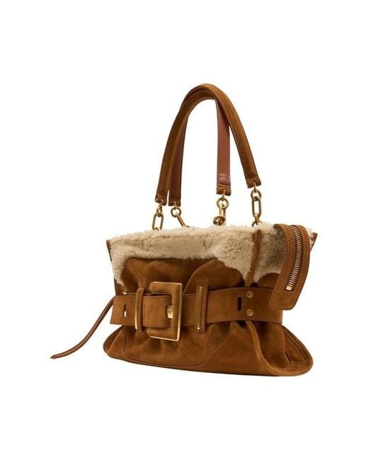 Balmain Brown Anthem Buckled Shearling Shoulder Bag