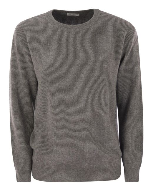 Brunello Cucinelli Gray English Rib Cashmere Sweater With Monile