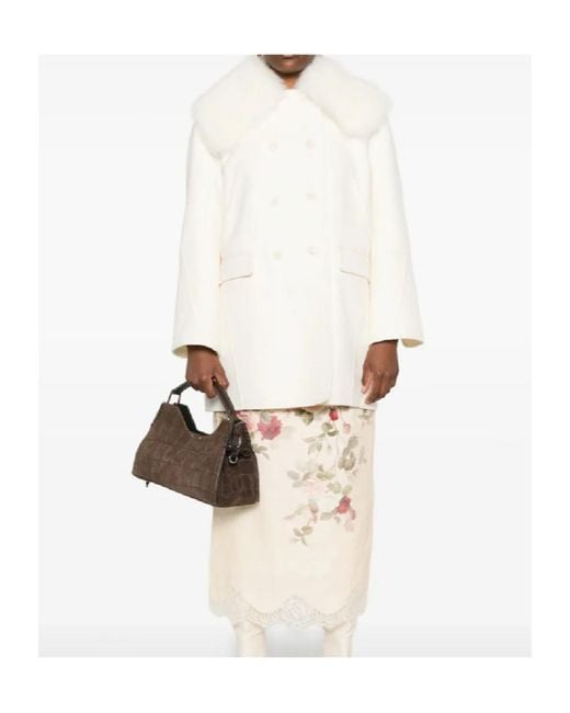 Ermanno Scervino White Shearling-Trim Double-Breasted Coat