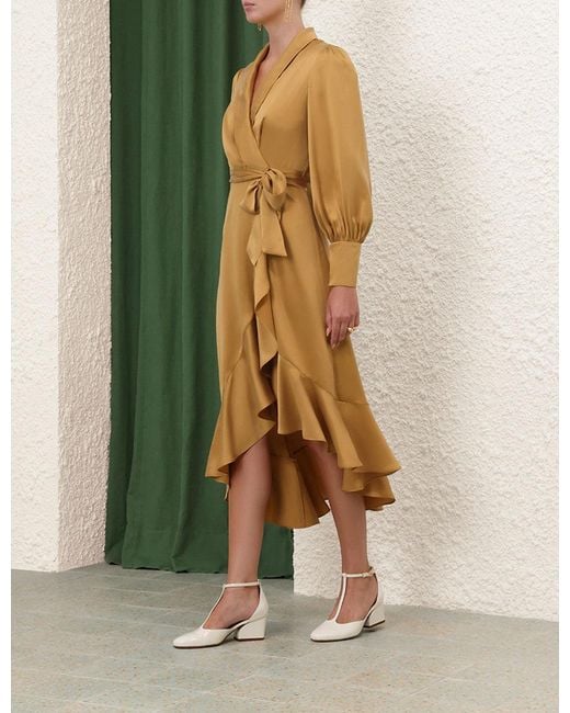 Zimmermann Metallic Wrap Satin Midi Dress