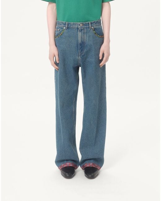 Valentino Blue Denim Trousers With Printed Border for men