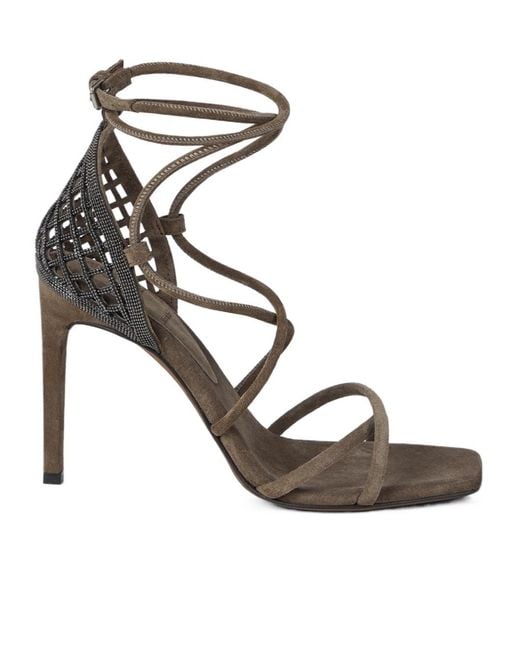 Brunello Cucinelli Metallic 110Mm Monili-Embellished Suede Sandals