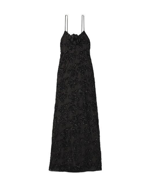 Rodarte Black Embellished Silk-Trimmed Voile Gown