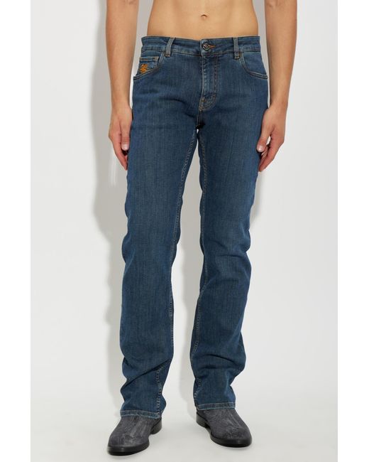 Etro Blue Pegaso-Embroidered Tapered Jeans for men