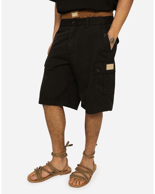 Dolce & Gabbana Black Brand Plate Stretch Cargo Shorts for men