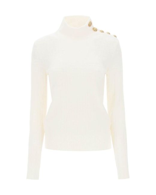 Balmain White Button Detailed Long-Sleeve Knit Top