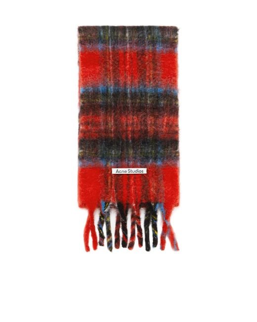 Acne Red Checked Fringed Scarf for men