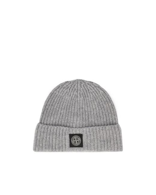 Stone Island Gray Ribbed-Knit Logo Beanie for men