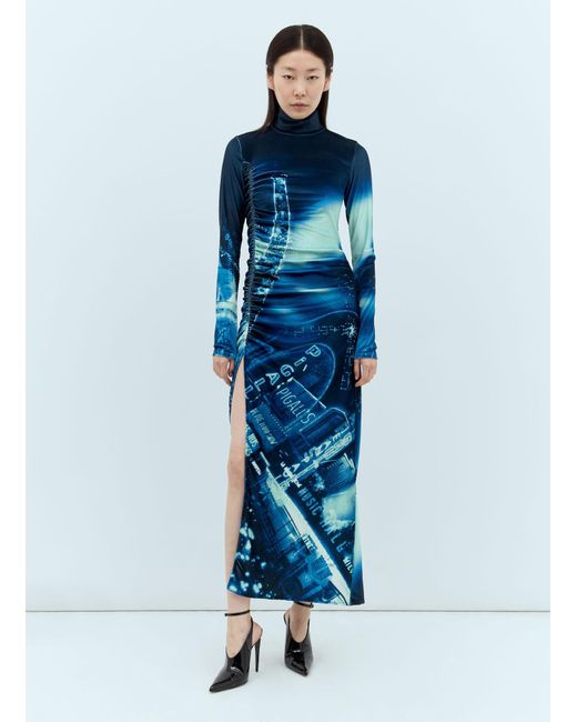 Jean Paul Gaultier Blue Pigalle Printed Gathered Velvet Dress