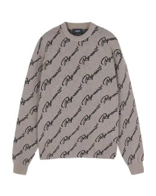 Represent Gray Long-Sleeved Jacquard Sweater With Round Neck for men