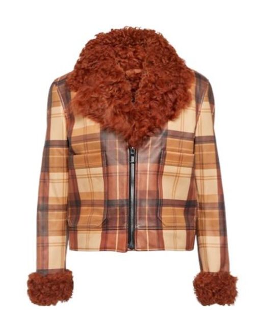 Dodo Bar Or Brown Ruben Checked Shearling-Trimmed Leather Jacket