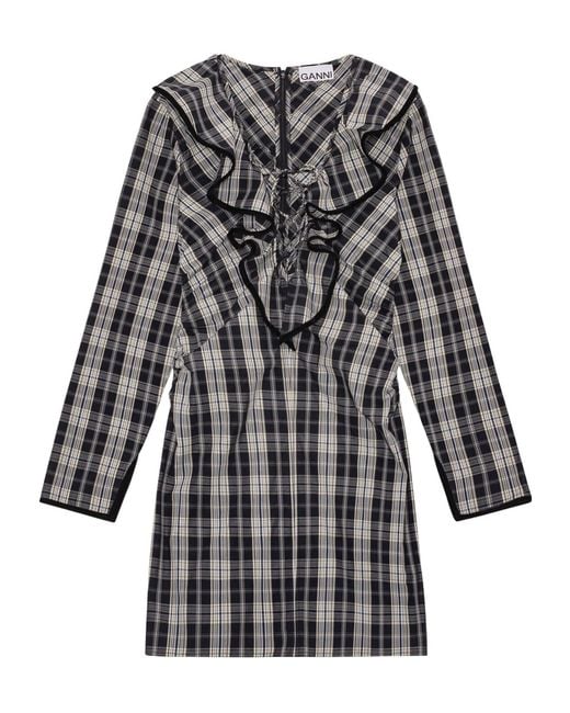 Ganni Black Checkered Cotton Ruffle V-Neck Mini Dress