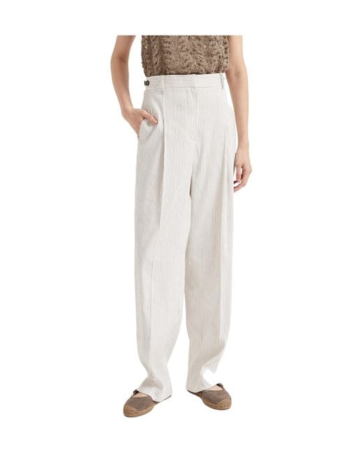 Brunello Cucinelli White Striped Straight-Leg Pants