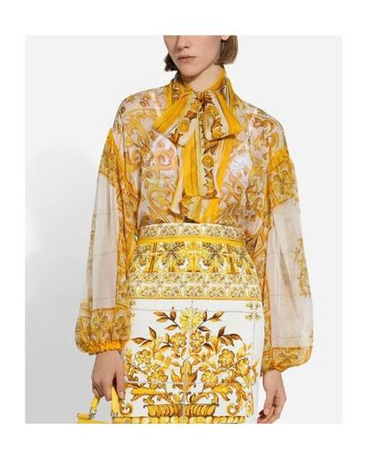 Dolce & Gabbana Yellow Chiffon Pussy-Bow Shirt With Majolica