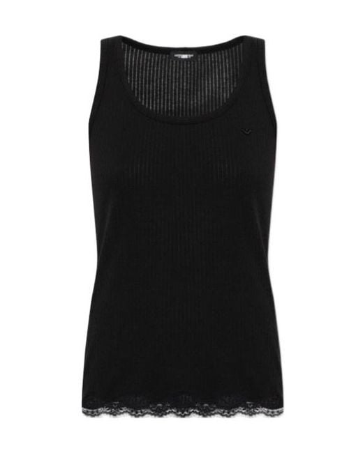 Emporio Armani Black Ribbed Lace-Trim Lingerie Top