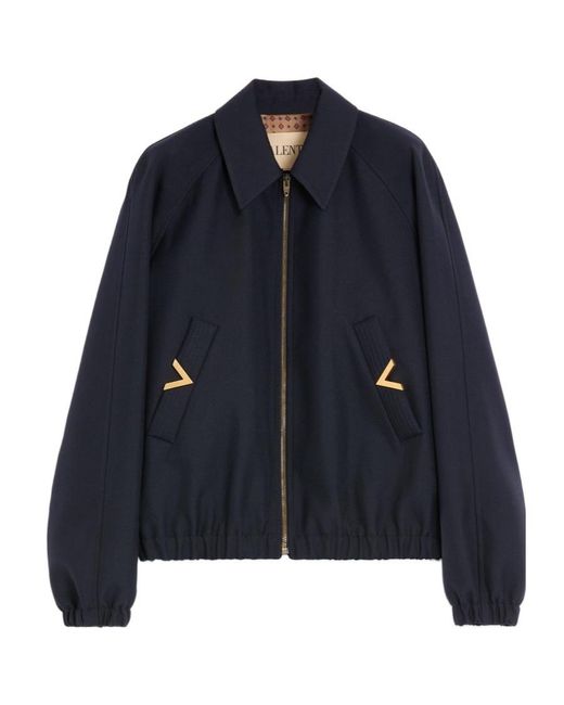 Valentino Blue Logo Plaque Zip-Up Bomber Jacket for men