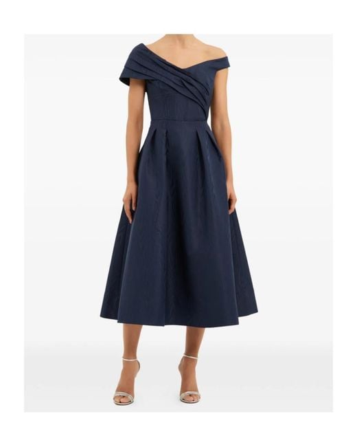 Rebecca Vallance Blue Pleated Off-Shoulder Midi Dress