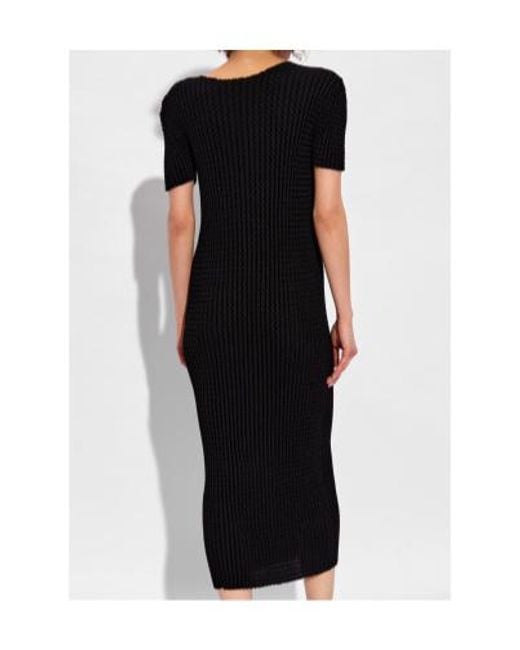Issey Miyake Black Seersucker Short-Sleeve Midi Dress