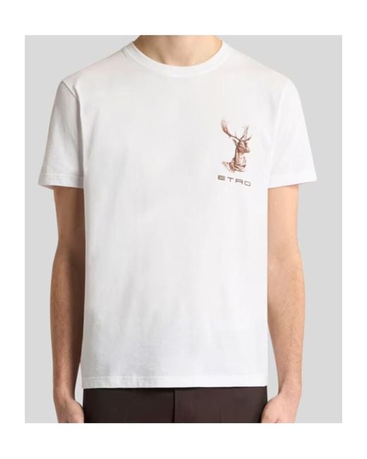 Etro White Cotton-Jersey T-Shirt With -Embroidery And Moose-Print for men