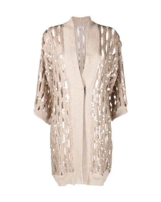 Brunello Cucinelli Natural Sequin-Embellished Knitted Cardigan