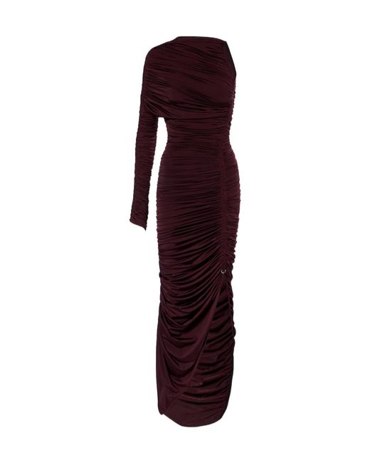 Mugler Purple Pleated Off-Shoulder Mid-Length Dress