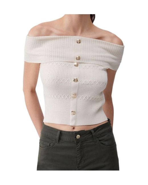 Liu Jo Gray Bardot Buttoned Knitted Top
