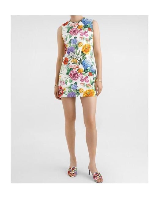 Dolce & Gabbana White Brocade Midi Dress With Floral